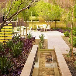 A patio with a yellow fence and trees.