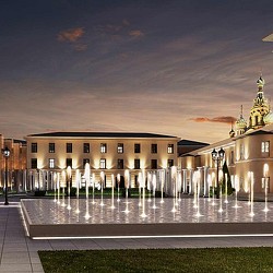 A fountain in front of a building.