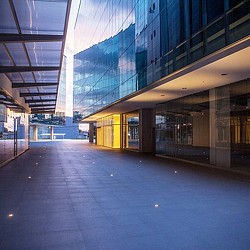 A building with glass walls.