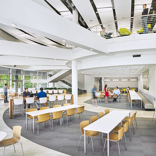 A group of people in a building.