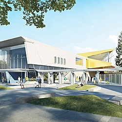 A building with people walking around.