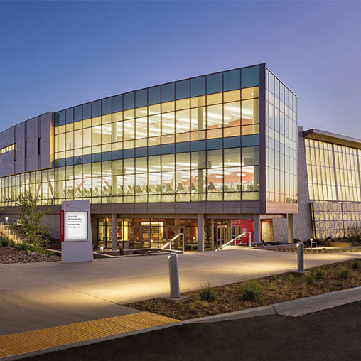 A building with glass windows.