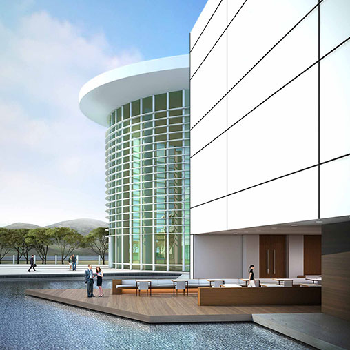 A building with a glass front.