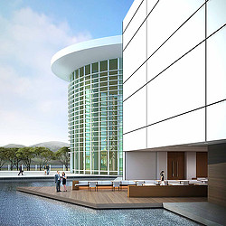 A building with a glass front.