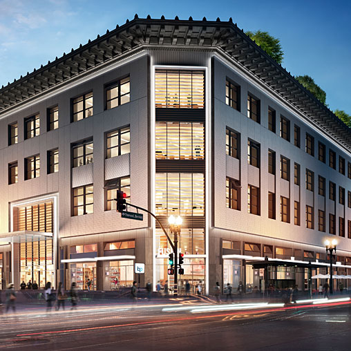 A large building with many windows.