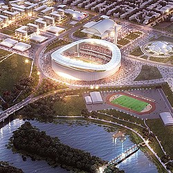 An aerial view of a sports stadium.