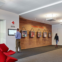 A man and a woman standing in a room with a wall of pictures.