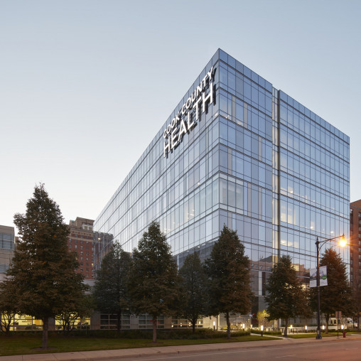 A large glass building.