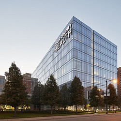 A large glass building.
