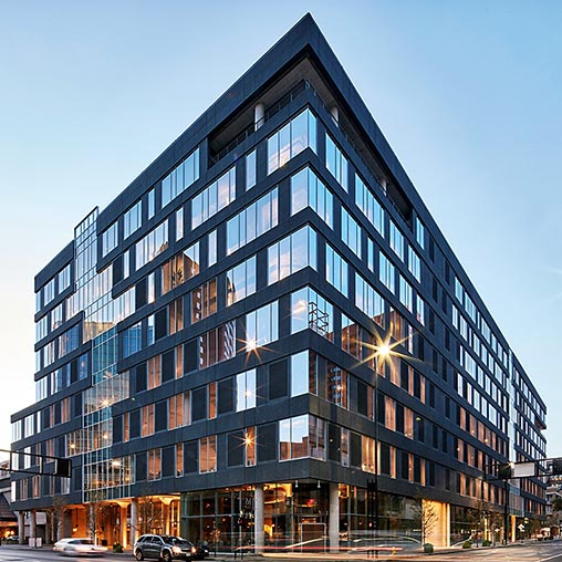 A building with a large glass window.