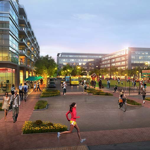 A person running in a plaza.