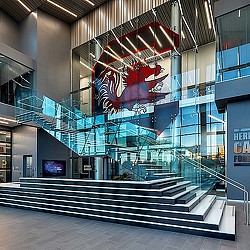 A building with a large spiral staircase.