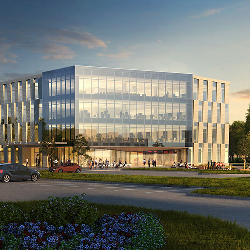 A large building with glass windows.