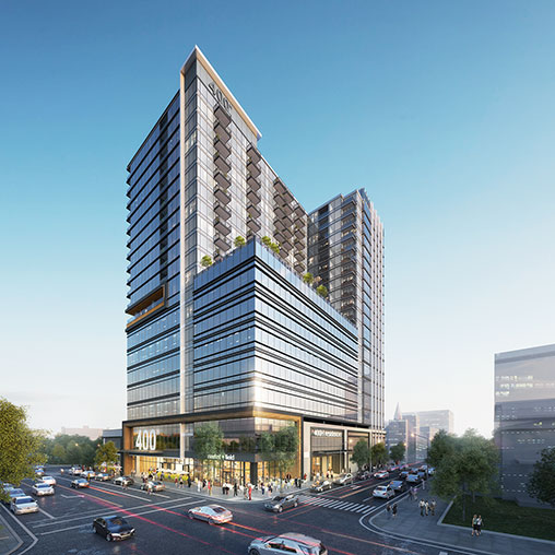 A tall building with many windows.
