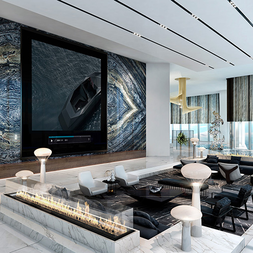 A room with a large screen and chairs.
