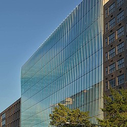 A tall glass building.