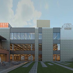 A building with glass windows.