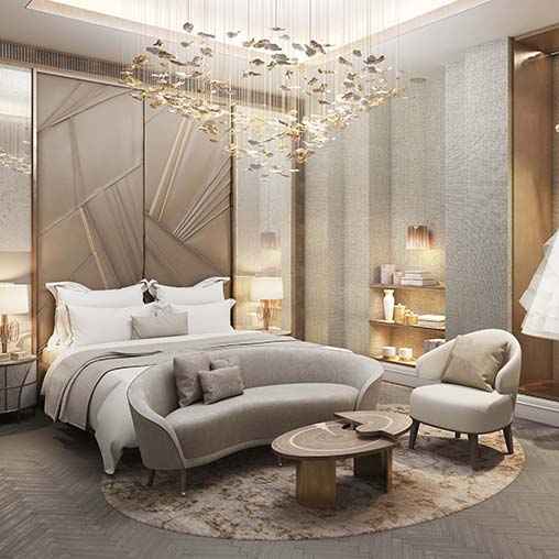 A bedroom with a chandelier.