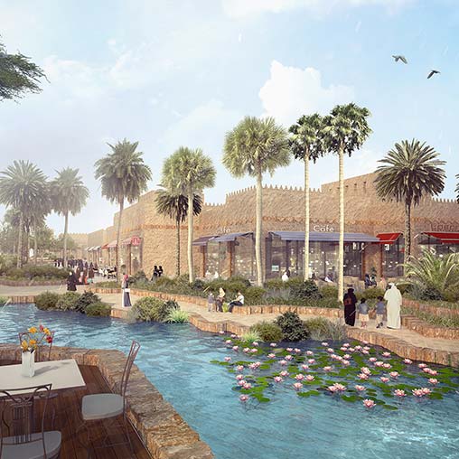 A pool with palm trees and a building in the background.