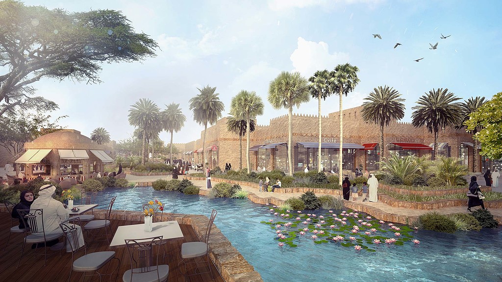 A pool with chairs and tables next to a building with palm trees.