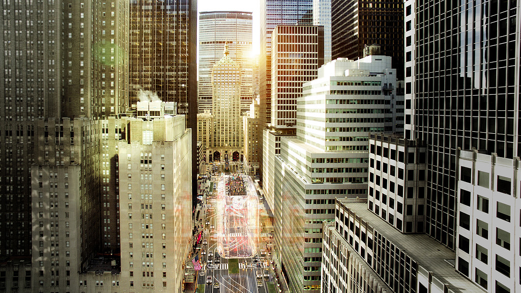 A city with tall buildings.