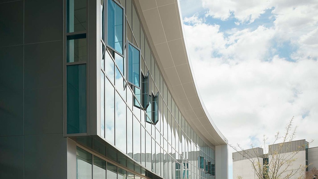 A building with glass windows.