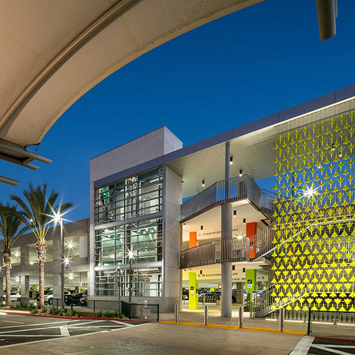 A building with a colorful glass wall.