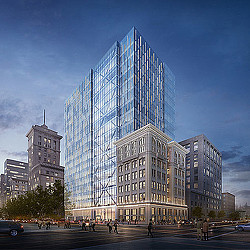 A tall glass building.