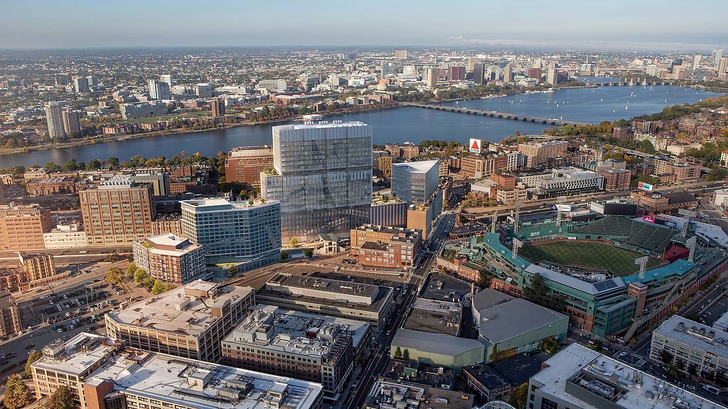 Aerial view of Boston, Massachusetts, with a focus on the city's