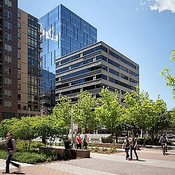 A group of people walking around a park in front of a tall building.