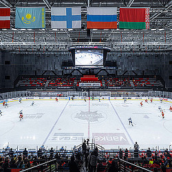 A hockey arena with a crowd watching.