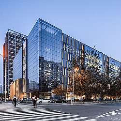 A large glass building.