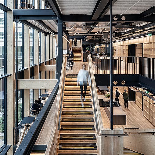 A long staircase in a building.
