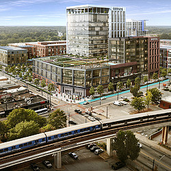 A train going through a city.