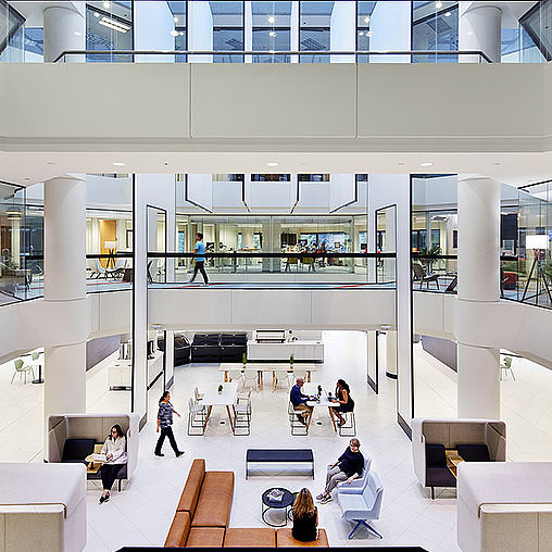 A high angle view of people in a building.