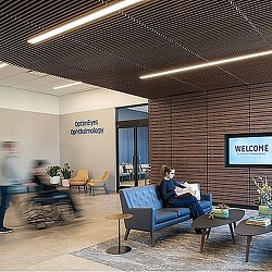 A person sitting on a blue couch.