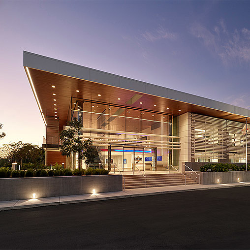 A building with a glass front.