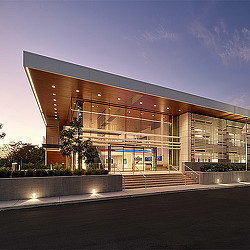 A building with a glass front.