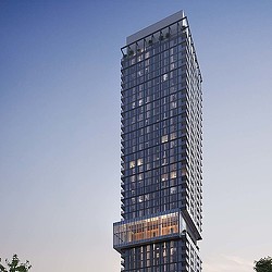 A tall building with a glass front.