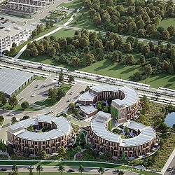 Aerial view of a large building.