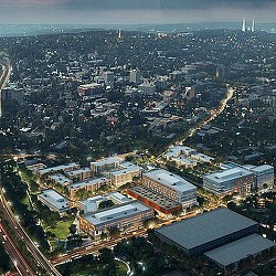 An aerial view of a city.