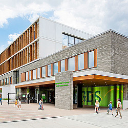 A building with people walking around.