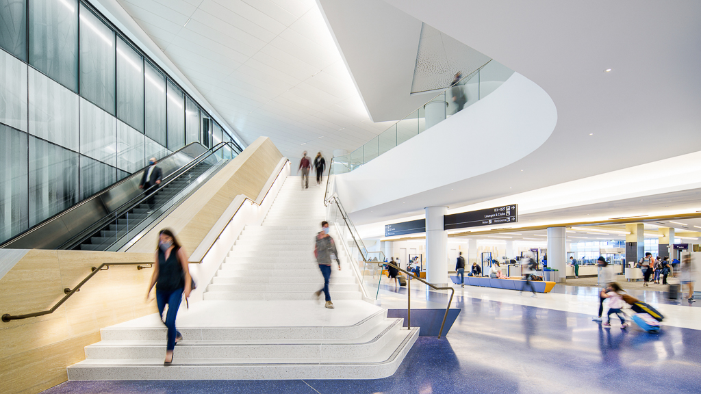 SFO Harvey B. Milk Terminal 1 staircase and escalator.