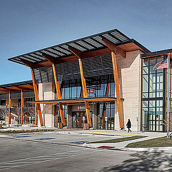 A building with a flag on the roof.