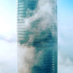 A tall glass building.