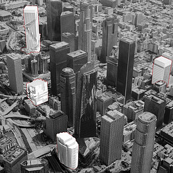 A high angle view of a city.