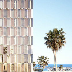 A tall building with palm trees.