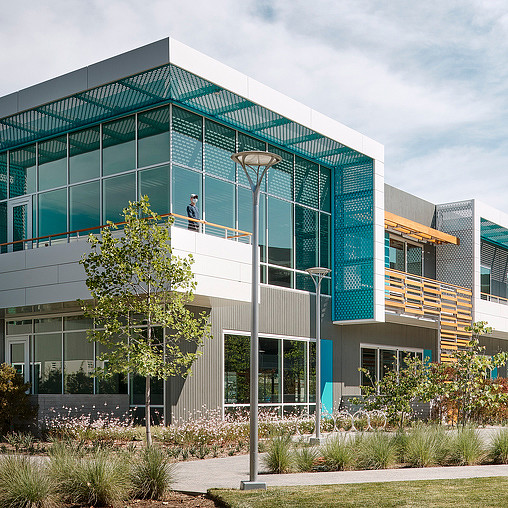 A building with glass windows.