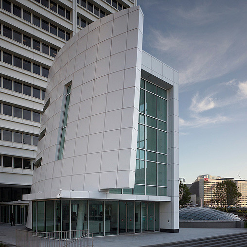 A building with glass windows.