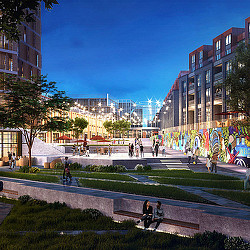 A group of people walking around a park.